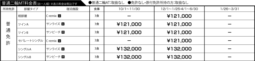 入校月を決めてない方へ 教習料金を一覧で見る